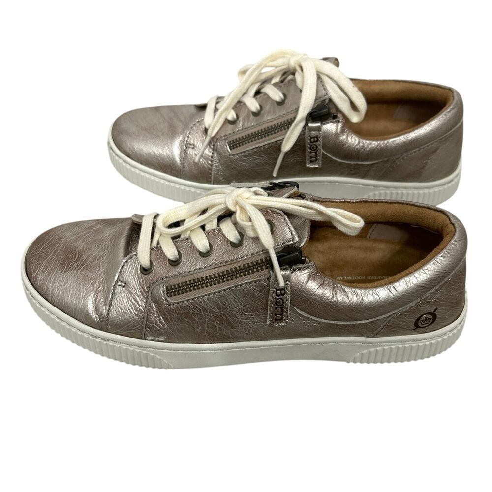 Born Paloma Light Gold Metallic Leather Sneakers 9M Lace Up Zipper Details